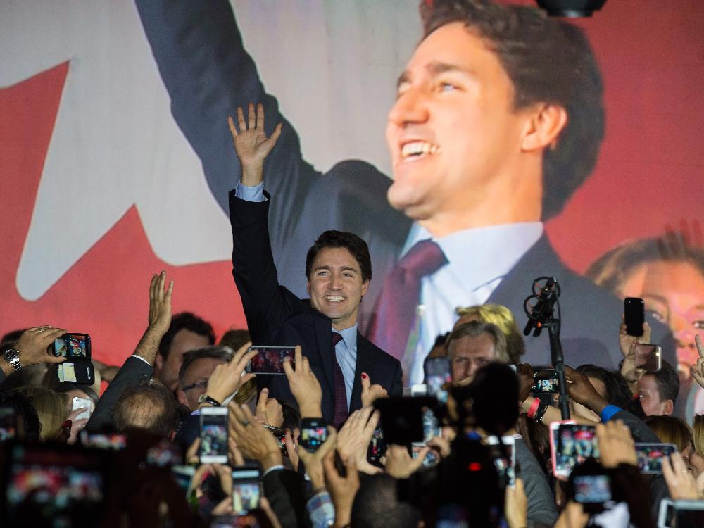 Liberal Leader Justin Trudeau arrives onstage in Montreal on Oct. 20 2015 after winning a majority government