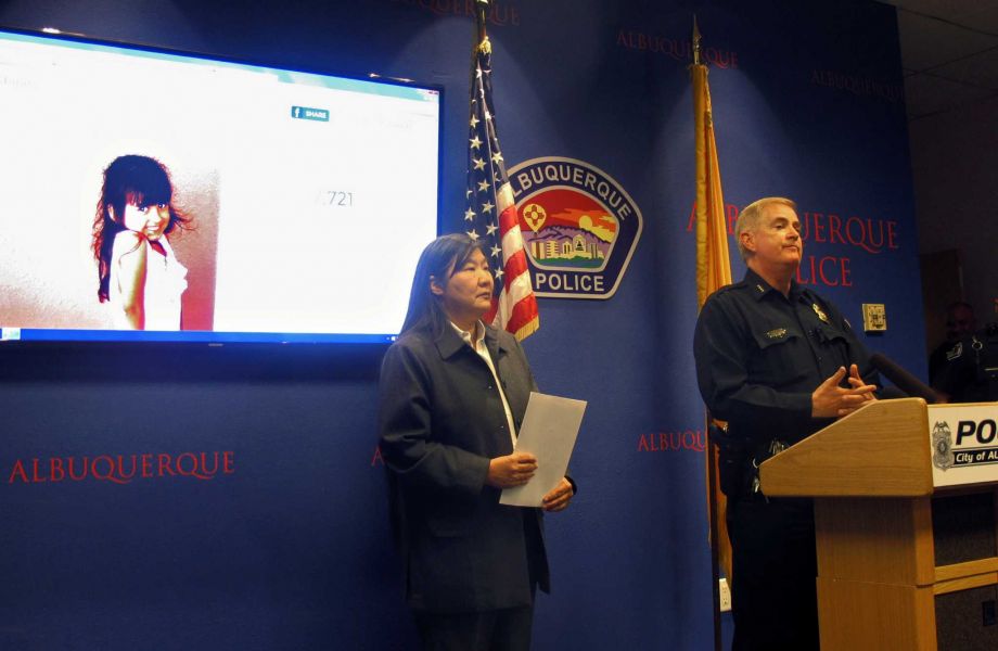 FBI special agent in charge Carol K.O. Lee left and Albuquerque Police Department Chief Gorden Eden address the media Wednesday Oct. 21 2015 following a road-rage incident where four-year-old Lilly Garcia was shot and killed in Albuquerque N.M. Pol