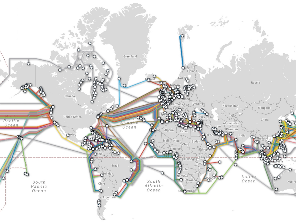 Map of submarine cable systems and their landing stations.    TeleGeography