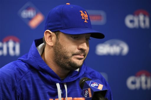 New York Mets starting pitcher Matt Harvey pauses as he speaks to the media to explain his absence during today's practice at Citi Field for the NLDS series against the Los Angeles Dodgers Tuesday Oct. 6 2015 in New York