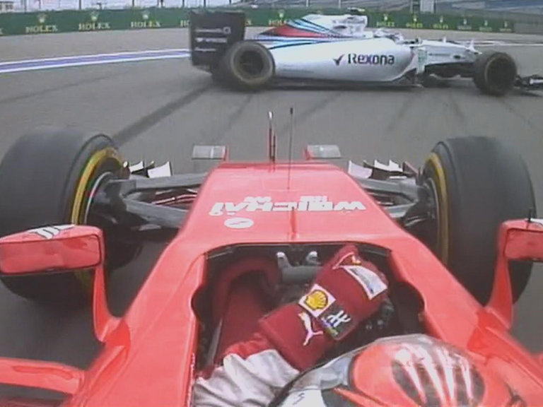 The view from Raikkonen's car as he collides with Bottas