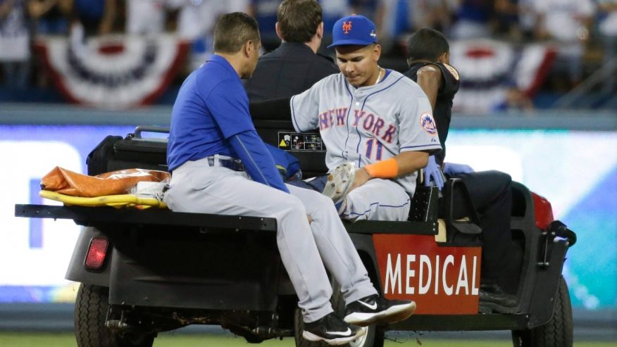 Oct. 10 2015 New York Mets shortstop Ruben Tejada is taken off the field after being hurt in a double play against the Los Angeles Dodgers during the seventh inning in Game 2 of baseball's National League Division Series