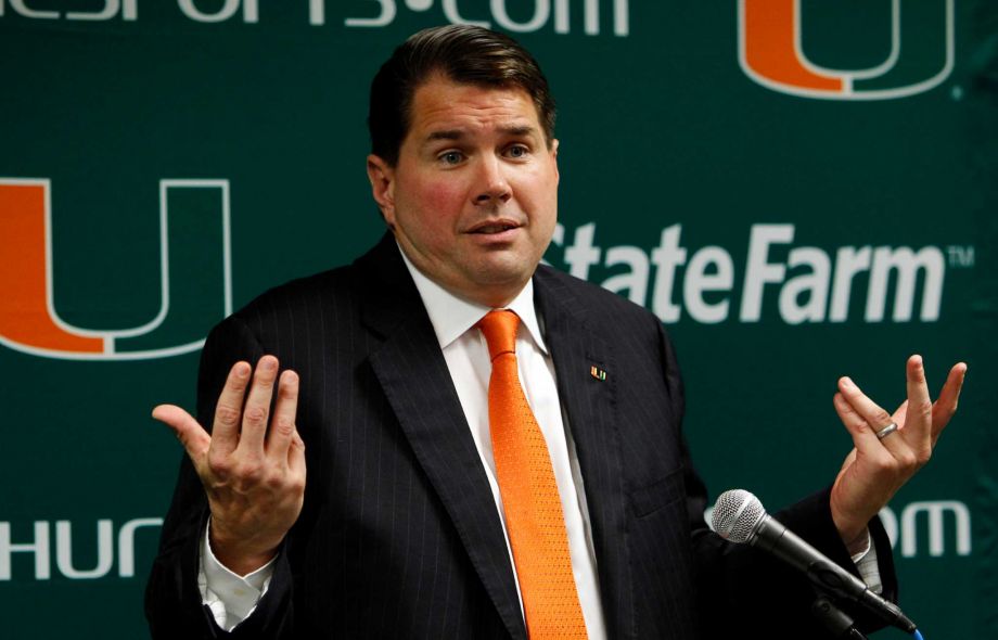 Miami head football coach Al Golden gestures as he speaks during a news conference in Coral Gables Fla. Miami has fired Golden midway through his fifth season and one day after the Hurricanes endured the worst