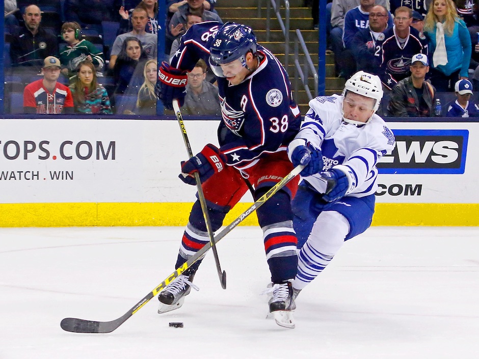 Morgan Rielly keeps the Blue Jackets&#039 Boone Jenner in check on Friday at at Nationwide Arena in Columbus on Friday night