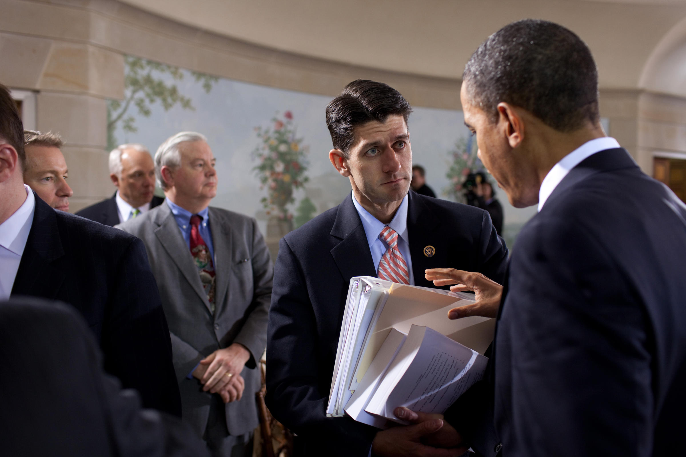 President Obama talks with Rep. Paul Ryan during the nationally televised bipartisan meeting on health insurance reform at Blair House in Washington D.C. Feb. 25 2010