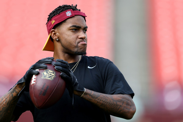 DeSean Jackson #11 of the Washington Redskins warms up prior to the start of a preseason game against the Detroit Lions at Fed Ex Field