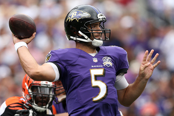 BALTIMORE MD- SEPTEMBER 27 Quarterback Joe Flacco #5 of the Baltimore Ravens drops back to throw in the third quarter of a game against the Cincinnati Bengals at M&T Bank Stadium