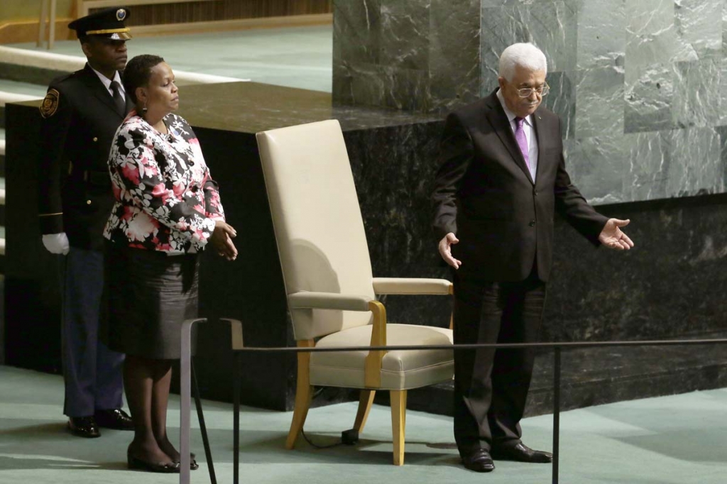 Mahmoud Abbas President of the State of Palestine gestures after addressing the 70th session of the United Nations General Assembly on Wednesday Sept. 30 2015 at U.N. Headquarters