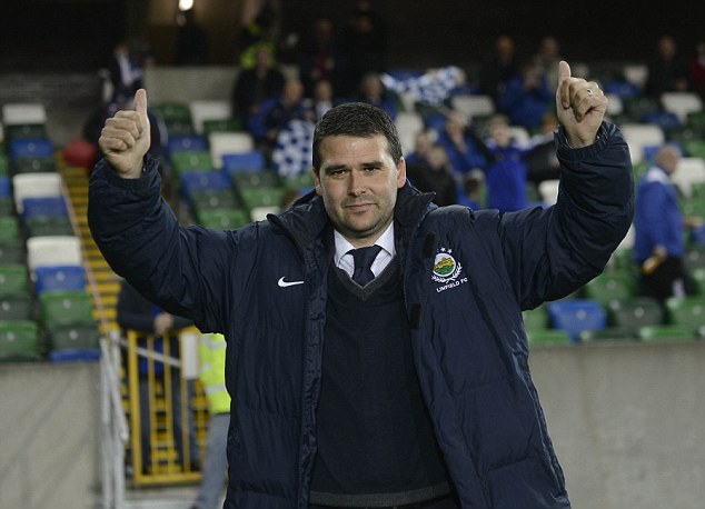 New Linfield manager David Healy gives the fans a thumbs up as he is unveiled as the club's new manager