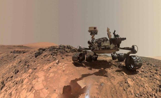 A low-angle self-portrait of NASA's Curiosity Mars rover showing the vehicle at the site from which it reached down to drill into a rock target