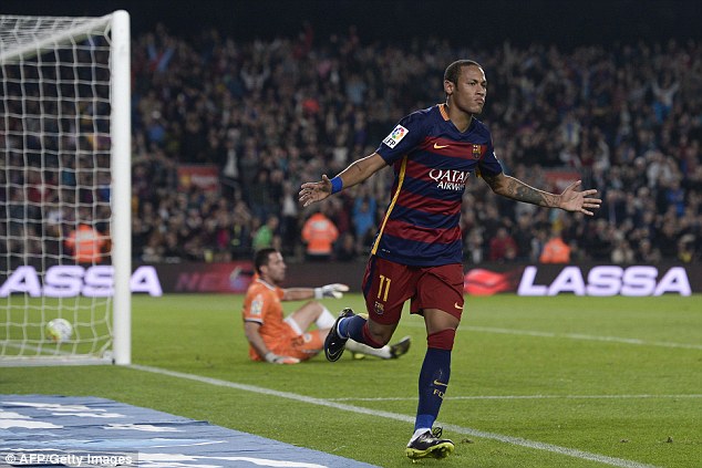 Neymar celebrates after scoring his fourth goal during the convincing win over Ray Vallecano