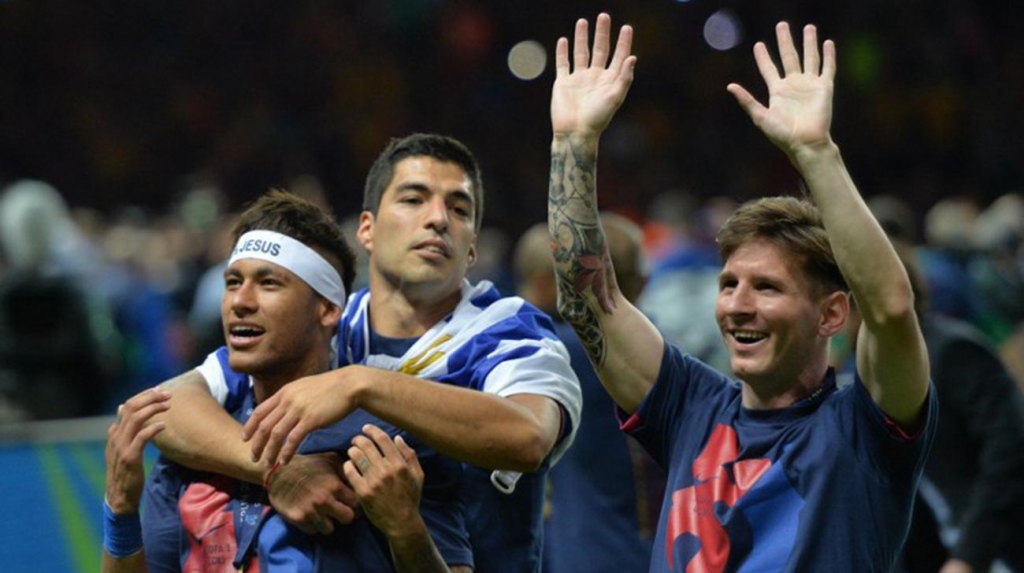 Neymar da Silva Santos Junior Luis Suarez and Lionel Messi celebrate after the UEFA Champions League Final