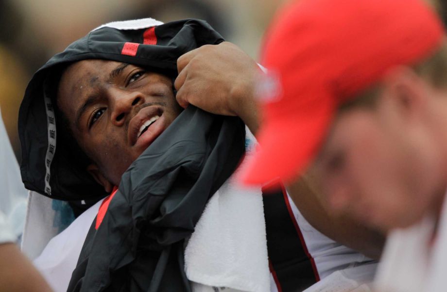 Georgia running back Nick Chubb lays on the trainers table after being injured on a tackle by Tennessee defensive back Emmanuel Moseley during the first half of an NCAA college football game Saturday Oct. 10 2015 in Knoxville Tenn