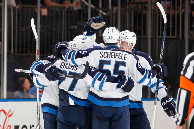 Nikolaj Ehlers celebrates his first NHL goal