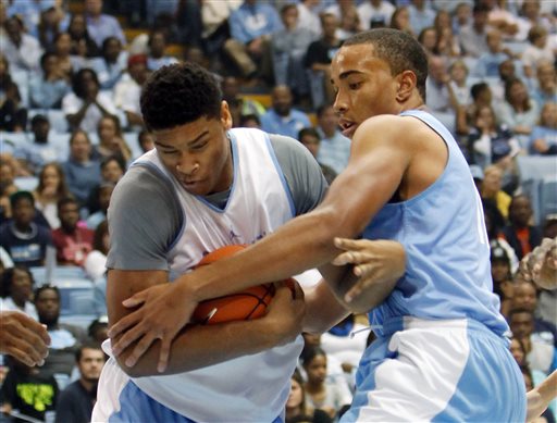 North Carolina's Isaiah Hicks left and Brice Johnson battle for the ball during an NCAA college basketball Late Night with Roy event on Friday Oct. 23 2015 in Chapel Hill N.C. MANDATORY CREDIT