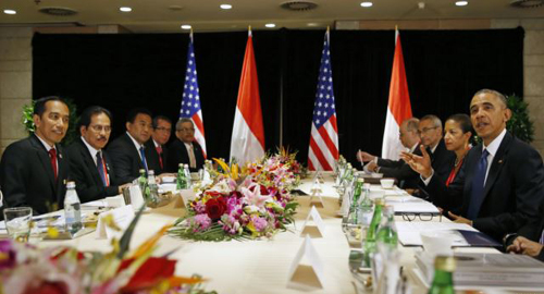 U.S. President Barack Obama gestures during a bilateral meeting with Indonesias President Joko Widodo in in Beijing China on Nov. 10 2014 where both leaders were attending an Asia Pacific Economic Cooperation summit. /Reuters