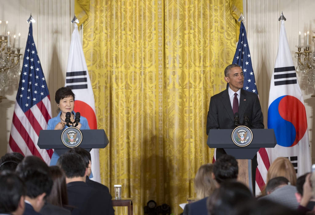 President Barack Obama and South Korean President Park Geun-hye take part in a joint news conference in the East Room of the White House in Washington Friday Oct. 16 2015