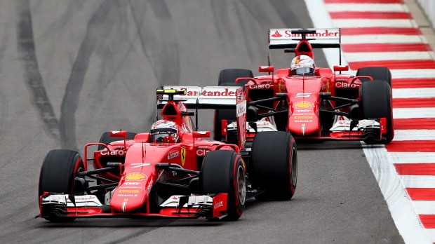 Out in front Kimi Raikkonen rounds a bend in front of Ferrari teammate Sebastian Vettel in Sochi