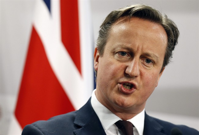 Minister David Cameron as he speaks during a media conference at the conclusion of the Eastern Partnership summit in Riga Latvia