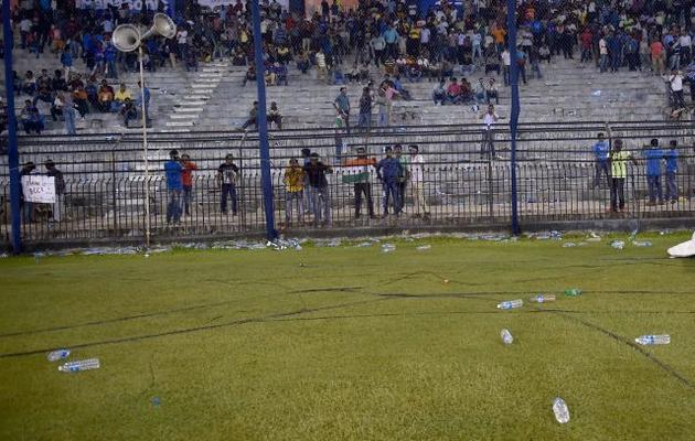 Water bottles on the ground which were thrown by crowd during T-20 match between India and South Africa in Cuttack on Monday