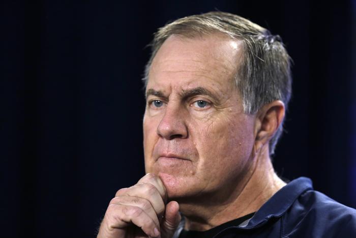 New England Patriots head coach Bill Belichick listens to a reporter's question prior to an NFL football practice in Foxborough Mass. Wednesday Oct. 14 2015. The Patriots face the Indianapolis Colts on Sunday