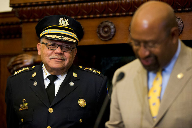 Philadelphia Police Commissioner Charles Ramsey left and Philadelphia Mayor Michael Nutter walk to a news conference Wednesday Oct. 14 2015 at City Hall in Philadelphia. Ramsey announced his retirement Wednesday at a news conference as the administra