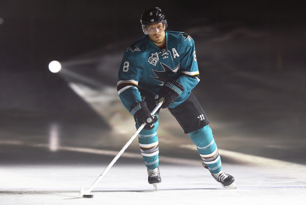 TORONTO ON- SEPTEMBER 9 Joe Pavelski of the San Jose Sharks participates in on ice activities while waiting for TV interviews during the 2015 NHL Player Media Tour at the Mastercard Centre of Hockey Excellence