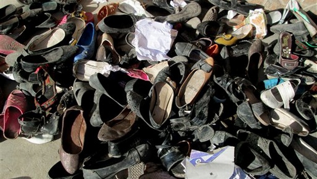 Shoes of Afghan school girls are seen on the ground after an earthquake hit in Takhar province northeast of Kabul Afghanistan