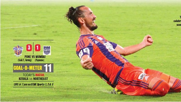 Tuncay Sanli of FC Pune City celebrates in Pune on Monday. He scored twice for the hosts | ISL