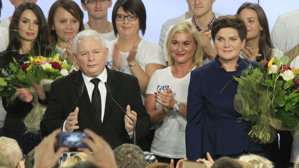 Conservative Law and Justice leader Jaroslaw Kaczynski left and PiS candidate for prime minister Beata Szydlo right react to preliminary election results at the party's headquarters in Warsaw Poland Oct. 25 2015