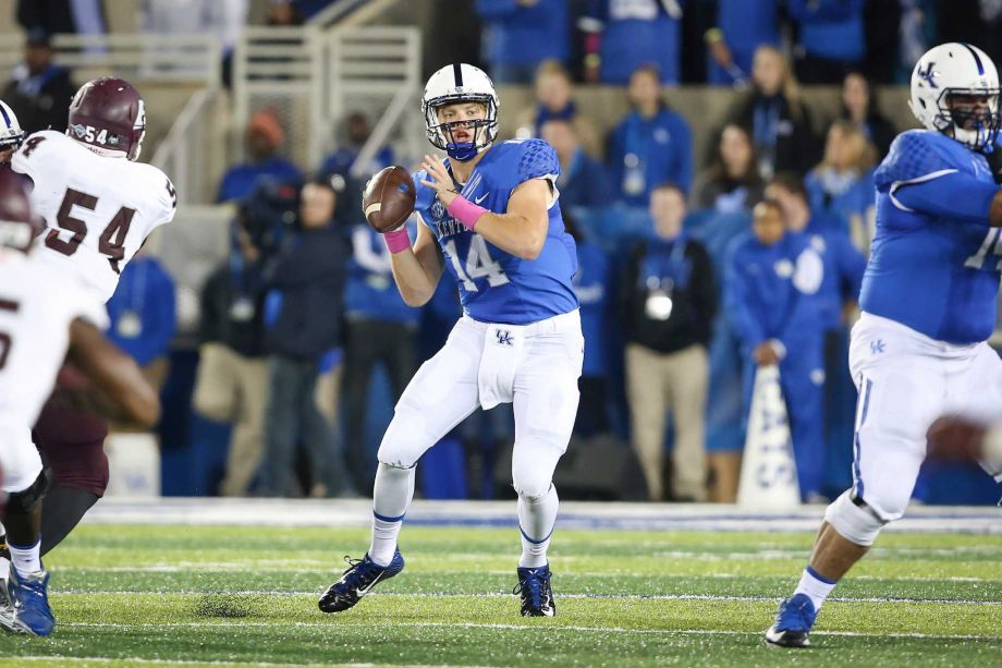 Kentucky quarterback Patrick Towles looks for a receiver during the first half of an NCAA college football game against Eastern Kentucky Saturday Oct. 3 2015 in Lexington Ky