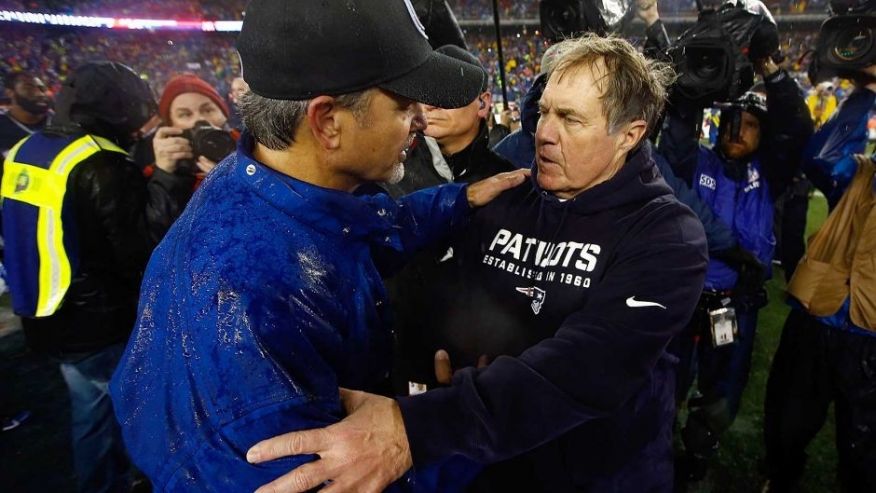 FOXBORO MA- JANUARY 18 Head coach Chuck Pagano of the Indianapolis Colts and head coach Bill Belichick of the New England Patriots shake hands after the 2015 AFC Championship Game at Gillette Stadium