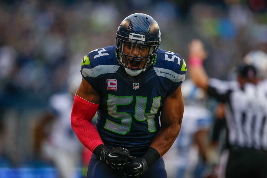 Middle linebacker Bobby Wagner #54 of the Seattle Seahawks reacts after making a tackle against the Detroit Lions at Century Link Field