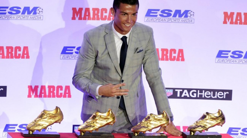 Real Madrid's Portuguese forward Cristiano Ronaldo poses with his European Golden Shoes