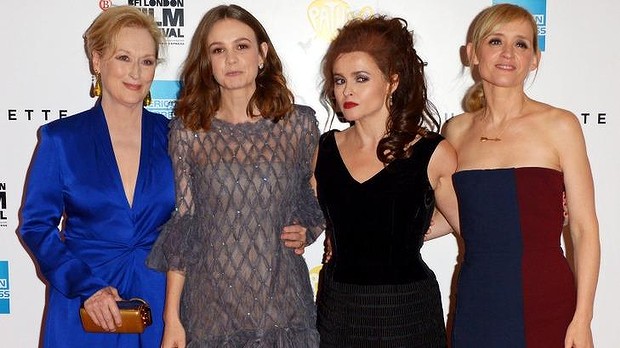 Meryl Streep Carey Mulligan Helena Bonham Carter and Anne Marie Duff at the'Suffragette screening in London. Bonham Carter welcomed the protest