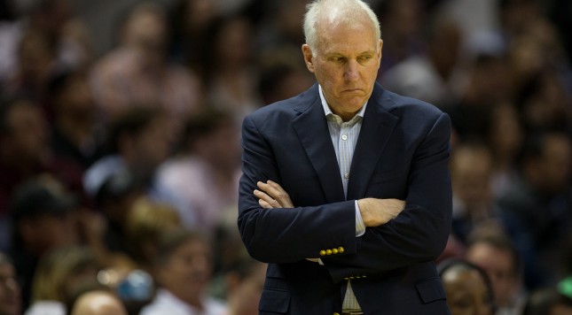 SAN ANTONIO TX- OCTOBER 30 San Antonio Spurs head coach Gregg Popovich reacts to a call during a game against the Memphis Grizzlies