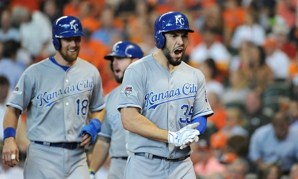 HOUSTON TX- OCTOBER 12 Eric Hosmer #35 of the Kansas City Royals celebrates with teammates after hitting a two-run home run in the ninth inning against the Houston Astros during game four of the American League Divison Series at Minute Maid Park on Oc