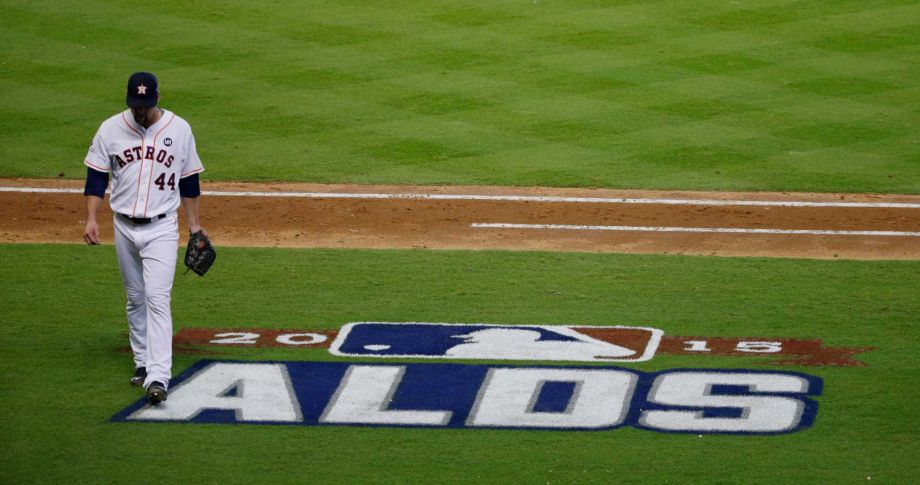 Houston Astros Luke Gregerson walks off the field after the eighth inning during Game 4 of baseball's American League Division Series against the Kansas City Royals Monday Oct. 12 2015 in Houston. Kansas City won 9-6