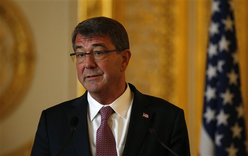 U.S. Secretary of Defense Ashton Carter speaks during a press conference held with Britain's Secretary of State for Defence Michael Fallon at Lancaster house in London Friday Oct. 9 2015