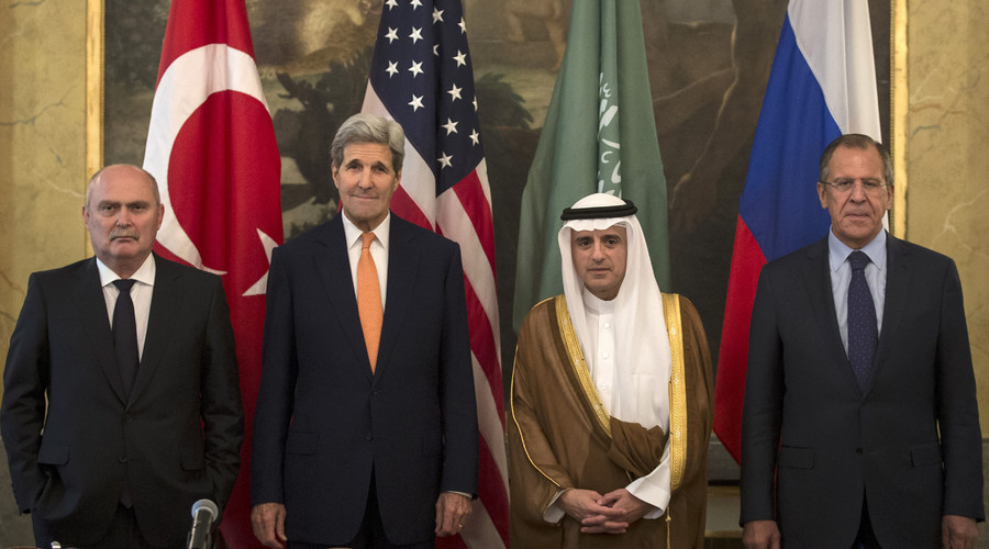 Turkish Foreign Minister Feridun Sinirlioglu, U.S. Secretary of State John Kerry, Saudi Foreign Minister Adel al Jubeir and Russian Foreign Minister Sergey Lavrov pose during