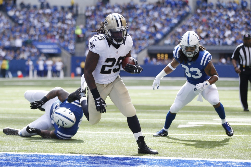 INDIANAPOLIS IN- OCTOBER 25 Khiry Robinson #29 of the New Orleans Saints runs in for a touchdown against the Indianapolis Colts at Lucas Oil Stadium