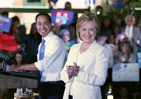 Secretary of Housing and Urban Development Secretary Julian Castro introduces Democratic presidential candidate Hillary Clinton at a'Latinos for Hillary grassroots event