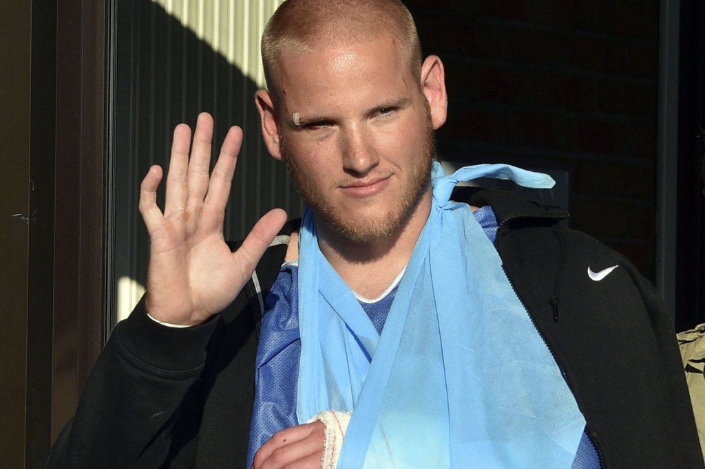 Serviceman Spencer Stone is seen recovering in August after he thwarted a terrorist attack