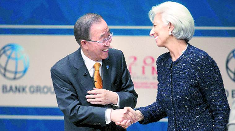 International Monetary Fund Managing Director Christine Lagarde shakes hands with Ban Ki-moon Secretary General of the United Nations after a forum during the World Bank and IMF annual meetings in Lima Peru. Reuters