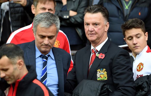 Louis van Gaal greets Chelsea manager Jose Mourinho