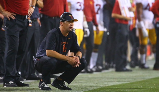 Sep 26 2015 Tempe AZ USA Southern California Trojans head coach Steve Sarkisian reacts against the Arizona State Sun Devils at Sun Devil Stadium. The Trojans defeated the Sun Devils 42-14. Mandatory Credit Mark J. Rebilas-USA TODAY Sports