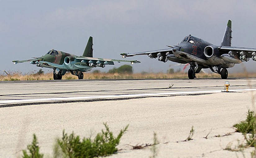 Two Sukhoi Su-25s at Bassel Al Assad International Airport in Latakia one type of ground attack aircraft involved in the intervention. Source