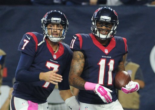 Houston Texans Brian Hoyer and Jaelen Strong celebrates after they connected on a touchdown pass against the Indianapolis Colts during the second half of an NFL football game Thursday Oct. 8 2015 in Houston