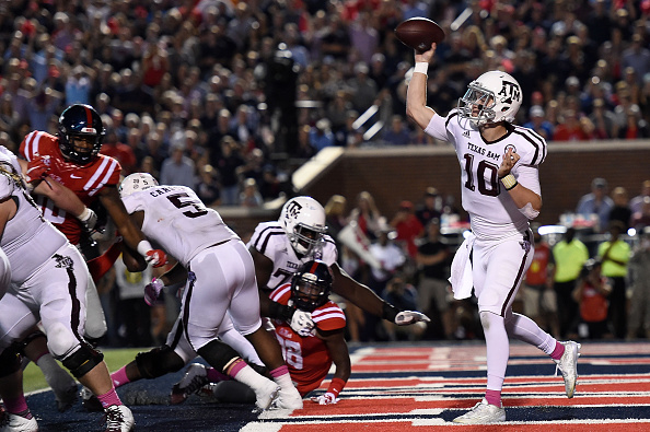 OXFORD MS- OCTOBER 24 Kyle Allen #10 of the Texas A&M Aggies drops back to pass during a game against the Mississippi Rebels at Vaught Hemingway Stadium