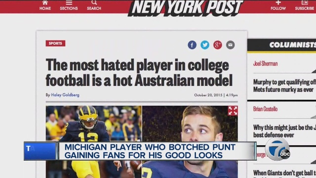 The Michigan punter who's fumble lost the MSU game is getting attention for his looks.                      WXYZ